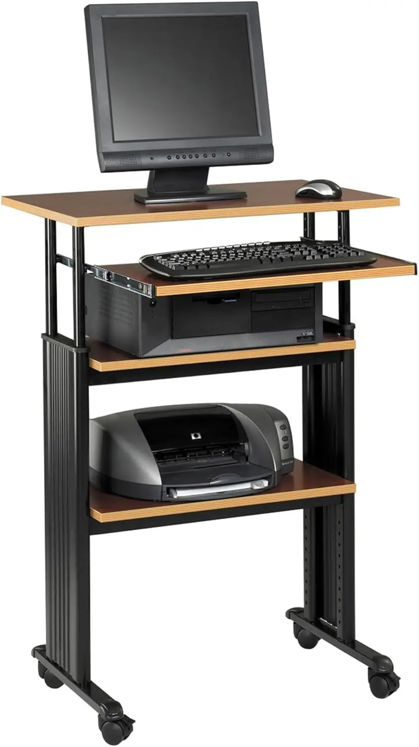 Mobile Stand-Up Height-Adjustable Desk,Keyboard Storage, Steel Frame Construction, Durable Melamine Laminate Work Surface