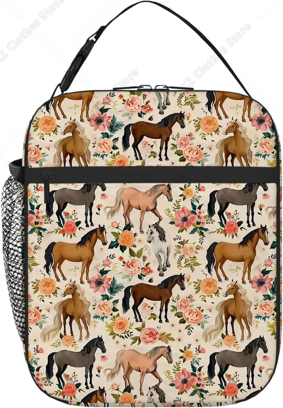 Horse Floral Lunch Box for Girls Women Cute Horse and Pink Flowers Beige Lunch Bag Insulated Reusable Lunchbox Cooler