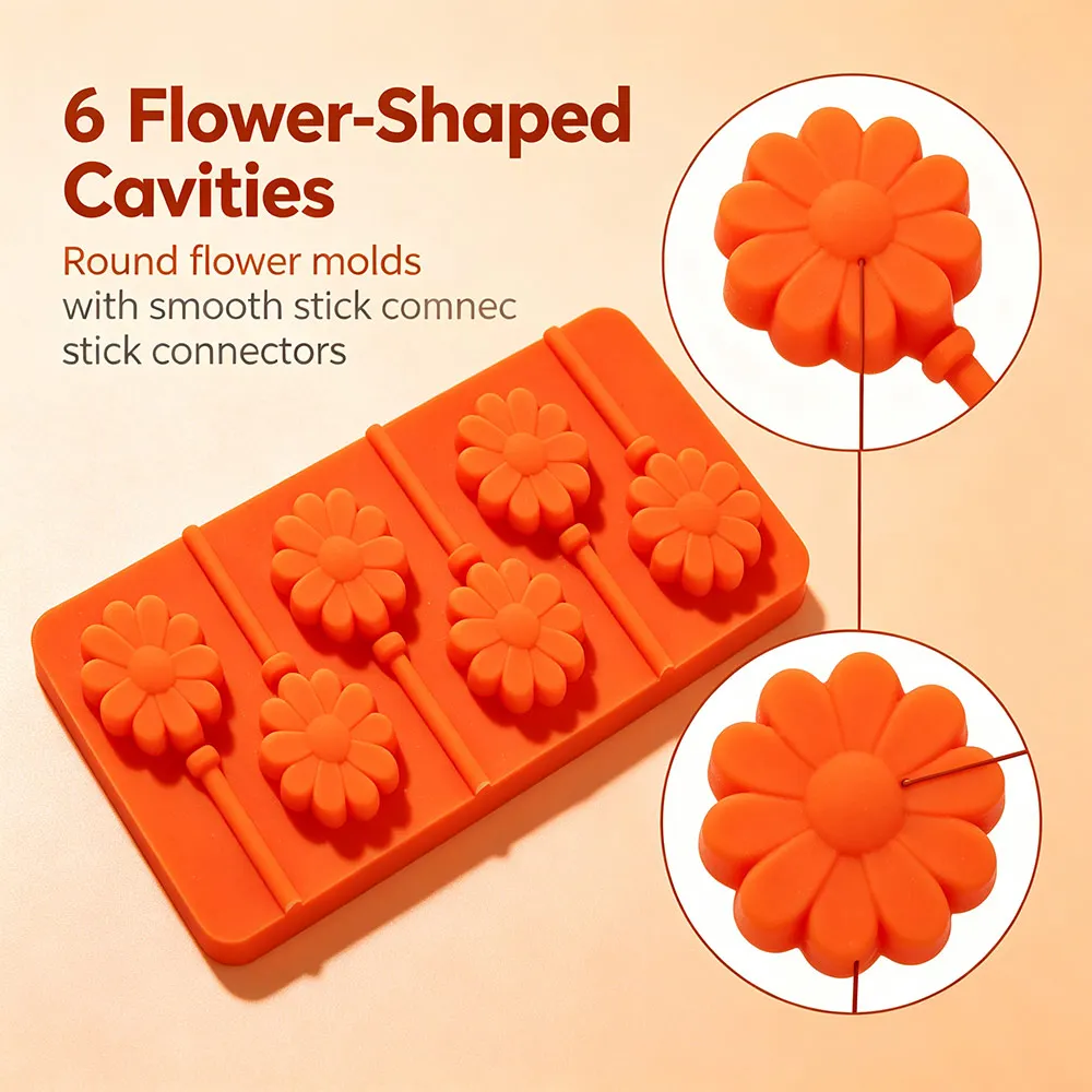 Flower Candy Molds - 6 Cavity Silicone Lollipop Maker with Stick Holders - Durable Bakeware for Party Treats & Buffet Decoration