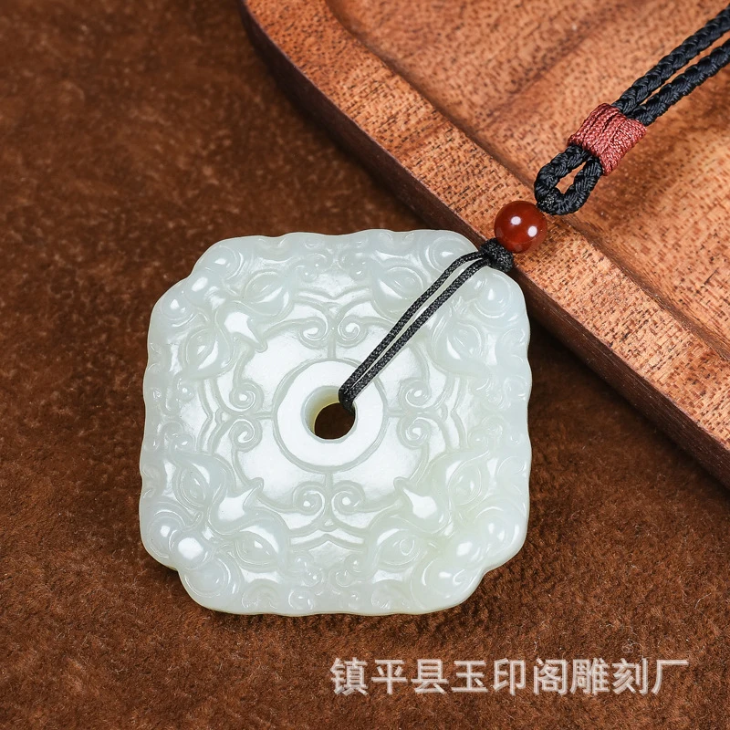 Natural Hetian White Jade Square Divine Guardian Pendant, Fashionable and Versatile