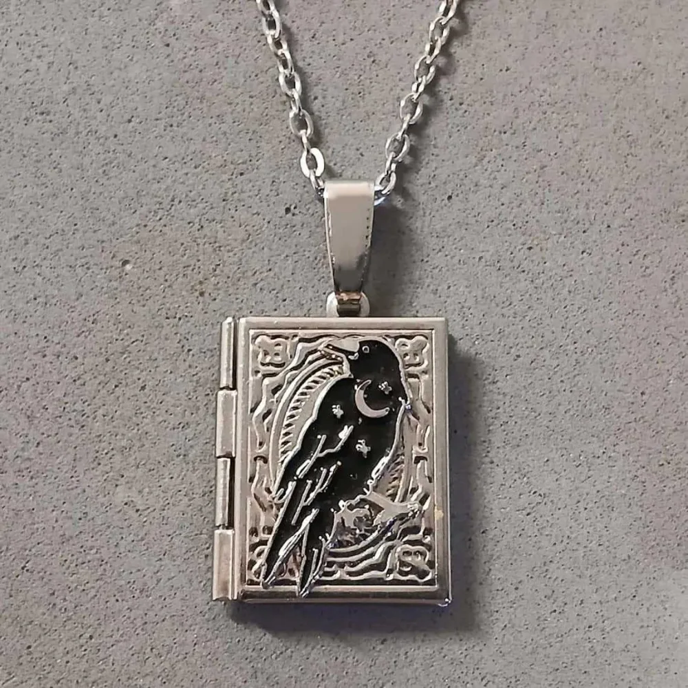 Trendy Exquisite Carving Moon Black Crow Photo Box Pendant Necklace for Men Women Hallowmas Goth Vampire Stainless Steel Jewelry