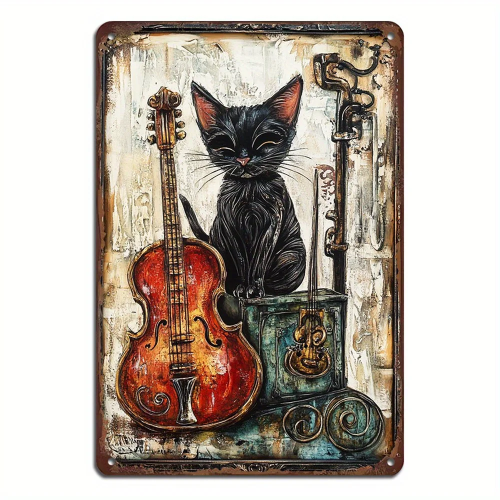 Retro-style Charming Cat and Violin Wrought Iron Wall Decoration Easy-hanging Metal Tin Plate for Home Office Cafe Decoration