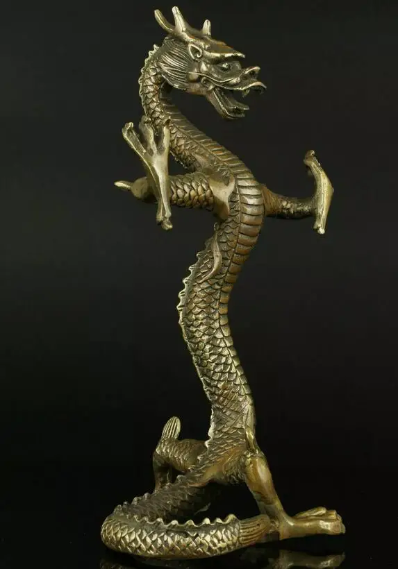 collectable Old Pure Bronze Brown Patina Dragon Beast Fierce Standing Statue