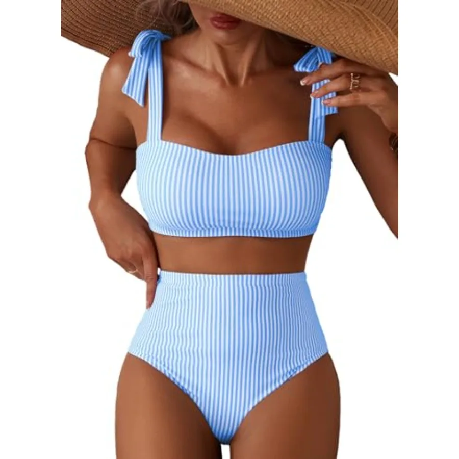 

Herseas Women's Tie Shoulder Bikini Sets 2 Pcs Striped Swimsuits High Waisted Bathing Suits