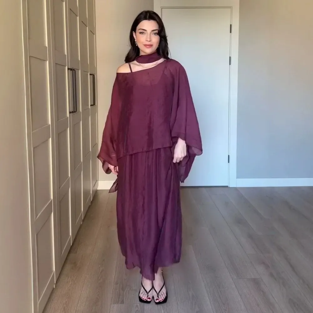 

Women's Off Shoulder Top and A Line Skirt Matching Set Summer Loose Blouse with Cape Sleeve Tops and Midi Skirts Two Piece Set