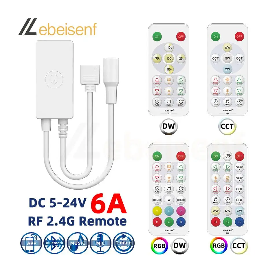 Slimme Bluetooth Led Controller Dc 5V 12V 24V 6a Muziek Dimmer Rf 2.4G Afstandsbediening Voor Dw Cct Rgb Rgbw Rgbcct 1-5 Ch Pwm Strip Light