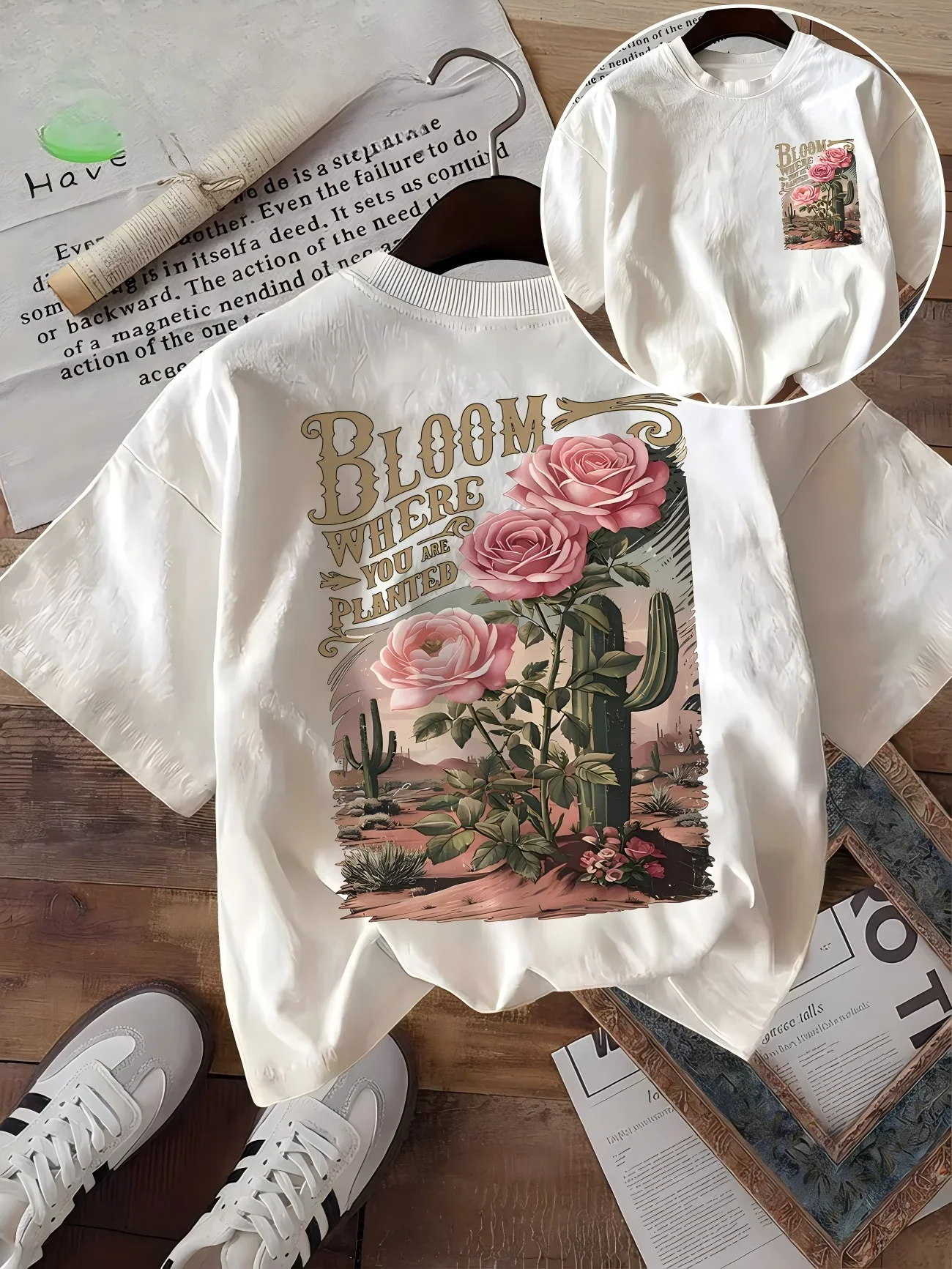 Retro Desert Cactus Rose Print T-Shirt Women Floral Graphic Tee Harajuku Streetwear Short Sleeve Summer Loose Aesthetic Shirt