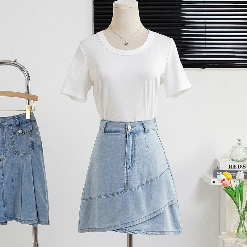 Spódnica Plus Size Kobiety 2024 Jesień Nowość Błękitny kolor Spódnica dżinsowa z podszewką Koreański styl Mini dżinsy Spódnice