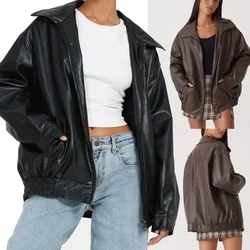 New Autumn Winter Women's Lapel Leather Coat Women PU Leather Jacket Locomotive Style Hot Top