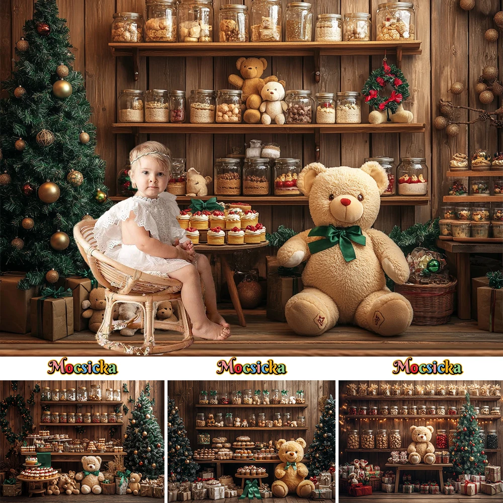 Christmas Gingerbread Cookie House Background Toy Bear Xmas Tree Wooden Shelf Backdrop Kid Winter Birthday Portrait Photo Studio