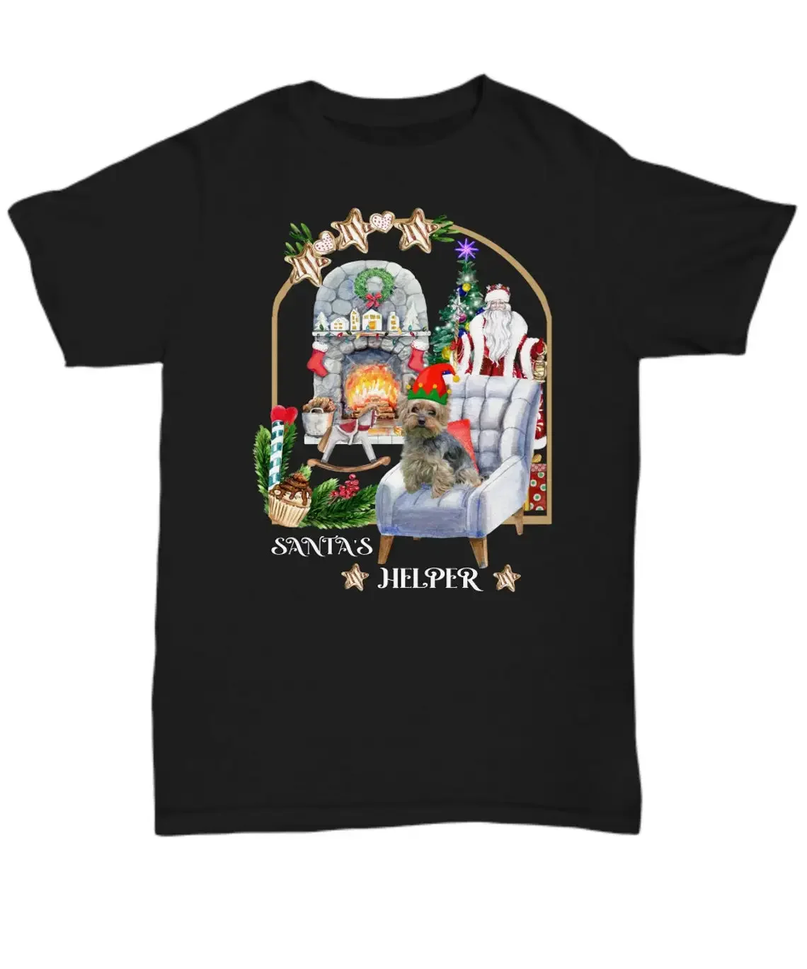 

Yorkie Puppy Santas Helper Yorkshire Terrier Dog Owners Подарочная футболка из 100% хлопка с круглым вырезом Летняя повседневная мужская футболка с короткими рукавами