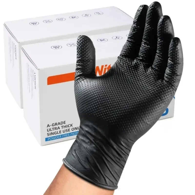 8Mil Black Nitrile Gloves Disposable Heavy Duty Industrial Work Gloves with Diamond Texture Latex Free Mechanic Tattoo Gloves