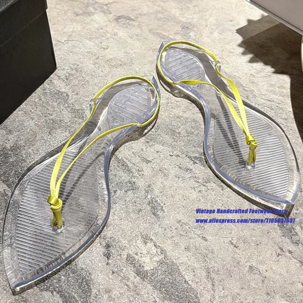 Clear Pointy Toe Yellow Satin Strap Flip Flop Sandals Hollow Cutout Beach Party Slide Sandals Designer Sandalias De Mujer Verano