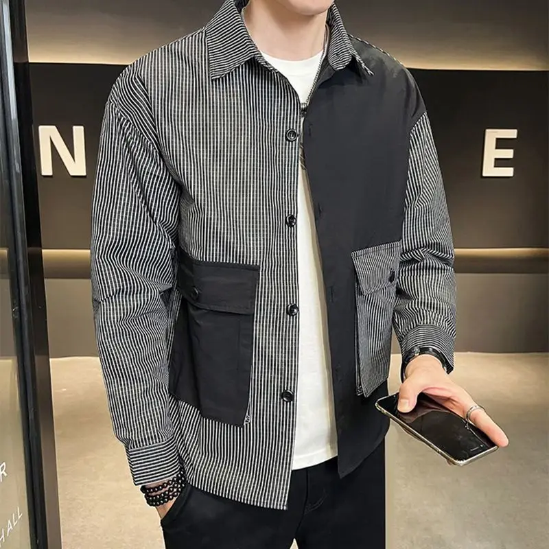 Spring Autumn New Turn-down Collar Long Sleeve Fashion Shirt Man High Street Casual Striped Printing Pockets Patchwork Cardigan
