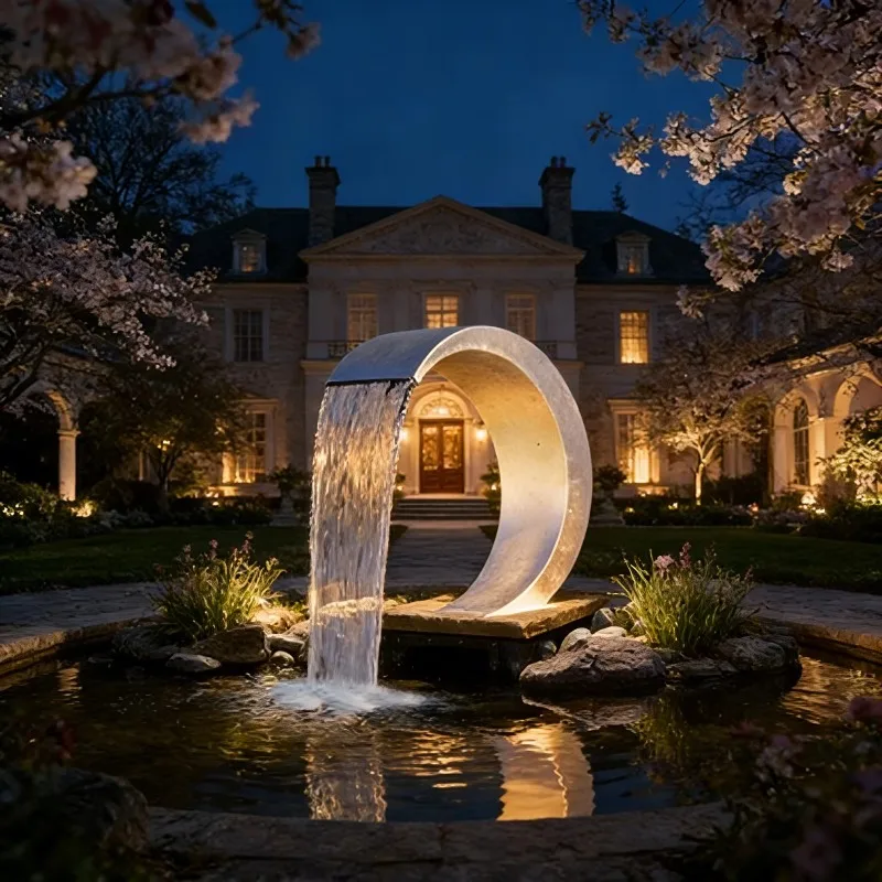 

Curved Ring Stainless Steel Illuminated Water Fountain Sculpture Custom Modern Decor Resort Park And Commercial Square Landscape