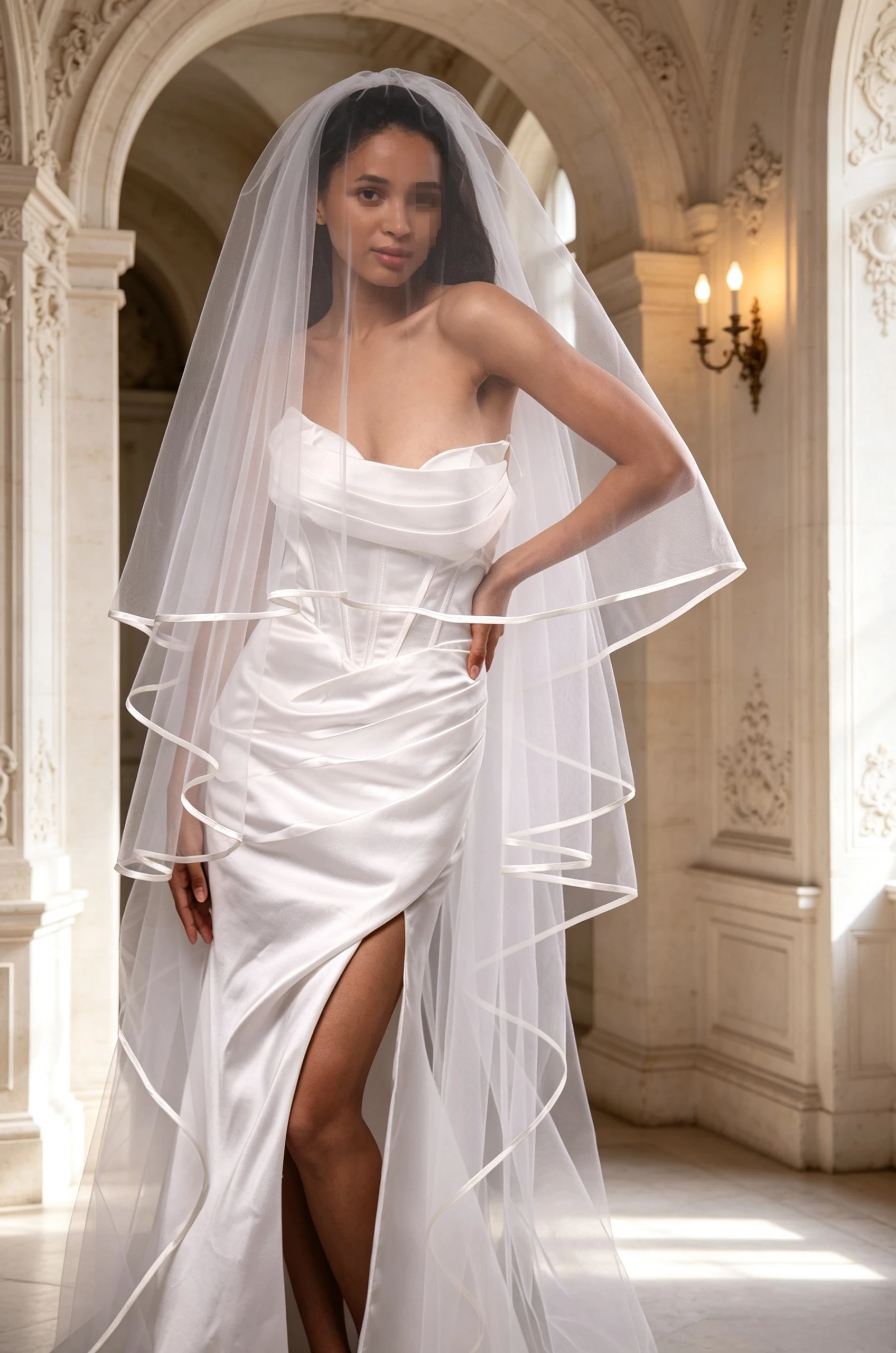 White Ivory Cathedral Wedding Veil Two Tier with Satin Ribbon Edge Wedding Accessories Bridal Veil
