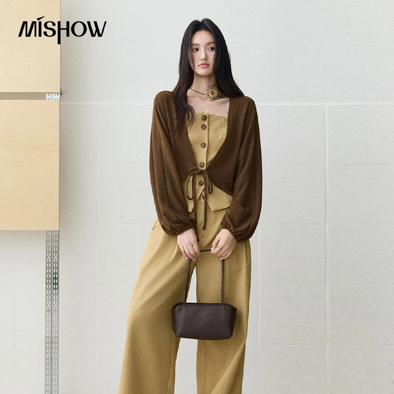 MISHOW Women's Matching Sets Elegant Cropped Knit Cardigan Lace Camisole Wide Leg Pants 2026 Fall Daily Cozy Outfits MXF45T3191