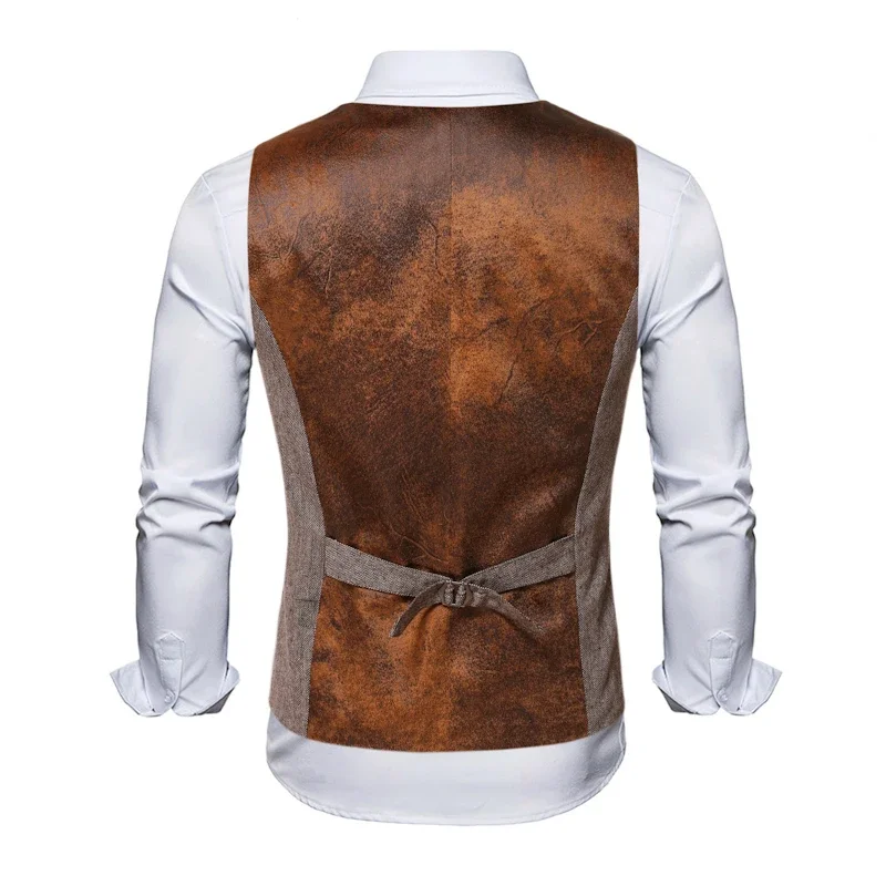 Retro Patchwork Imitation Leather Vest Mens Jackets Single Breasted Casual For Men Suits Business Slim Fit Costume Gilet Homme