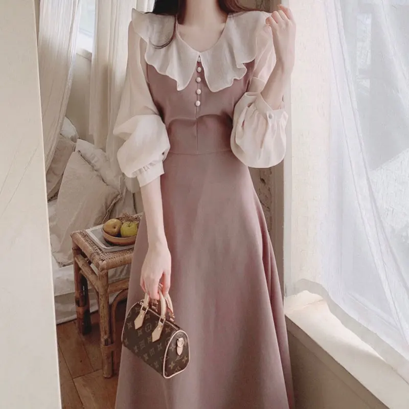 Ele Autumn Long Dr with Pearl Buttons Color Blo Micro Transparent Bubble Sve High Waist A-Line Skirt Korean Sle