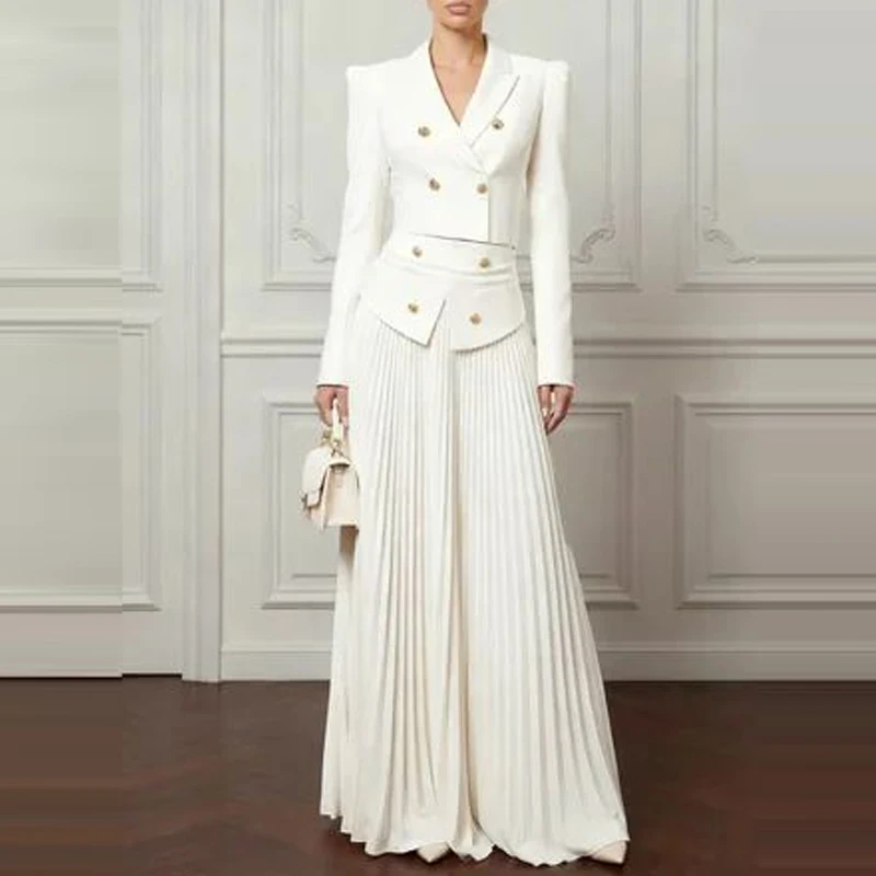 

Новый модный плиссированный костюм 2026 года: женский комплект из пальто с лацканами на пуговицах и длинной юбки, офисный набор, весенний, простой, элегантный, однотонный, для вечеринок