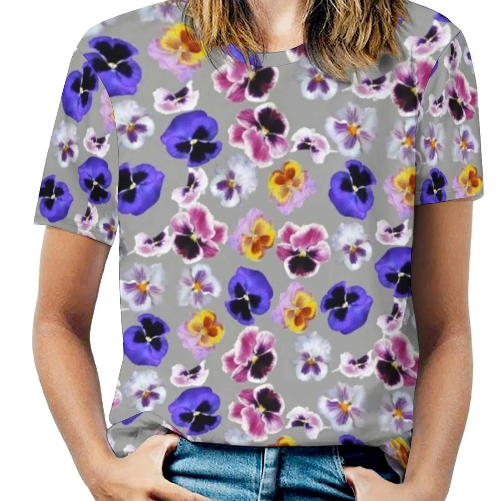 Pansy Fashion Print Women Ladies Girls T-Shirt Harajuku Round Neck Short Sleeve Tops & Tees Pansy Floral Flora Flower Garden