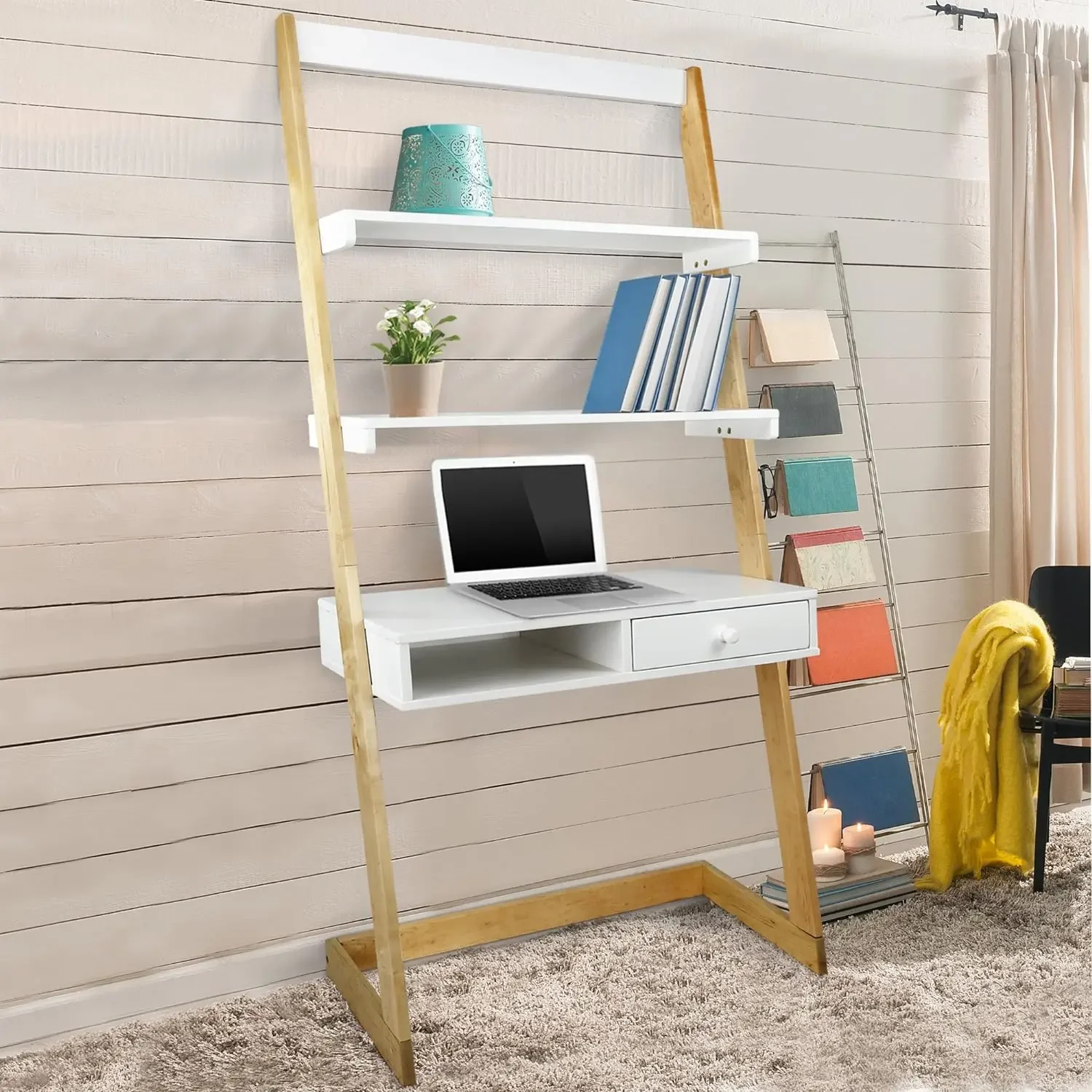 Freestanding Ladder Desk With Drawer, Natural Maple/White