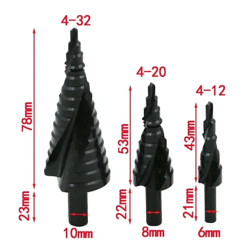 3PCS HSS Cobalt Step Drills Bit 4-12mm 4-20mm 4-32mm Nitrogen Spiral Triangle Shank Drill Bit Set for Metal Cone Metal Drilling