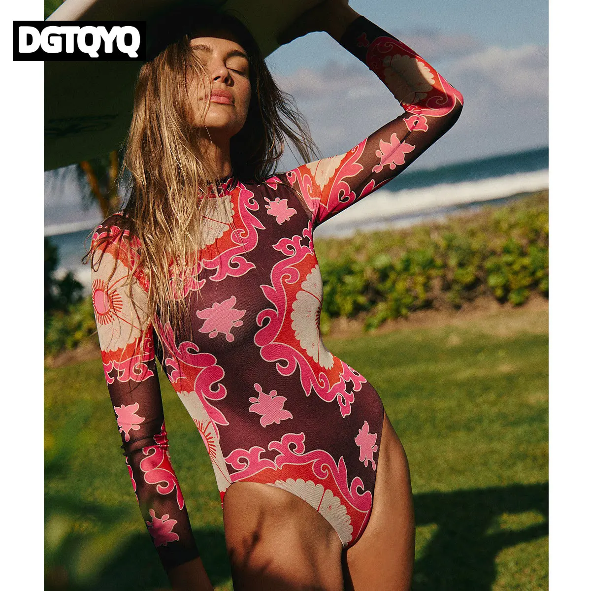 2026 New Red Tropical Print Long Sleeve One Piece Swimsuit Swimwear Women Surf Swim Suit Push Up Bathing Suit Beachwear Monokini