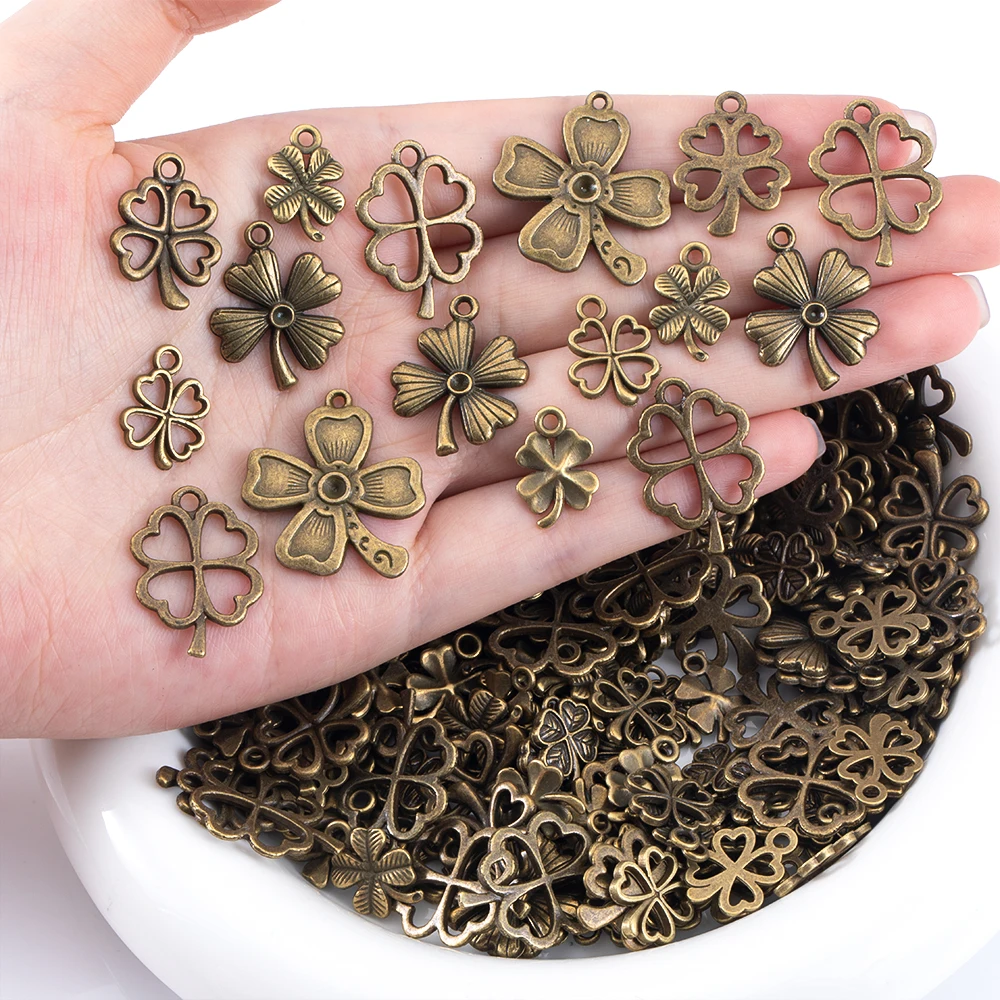 50g Various Mixed Alloy Four-leaf clover Series Charms Retro Pendants for DIY Bracelet Necklace Jewelry Making Material Findings