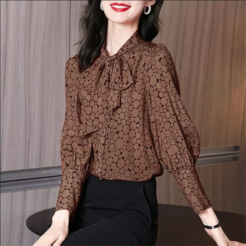 Bow Dot Bloouse For Women Chiffon Shirt High End Top Fashion Pullover Woman Clothes Blous Coffee Color Business Female Shirt