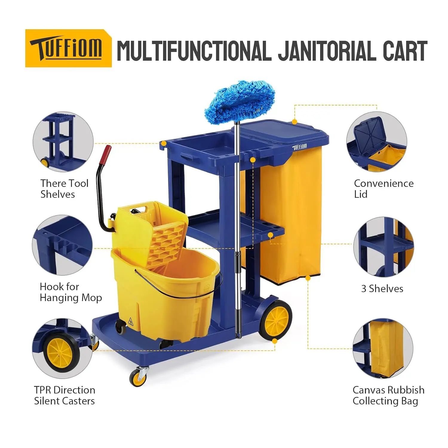 Commercial Traditional Cleaning 3-Shelf Janitorial Cart, 500 Lbs Capacity Housekeeping Cart, Wheeled with Yellow VinylBag