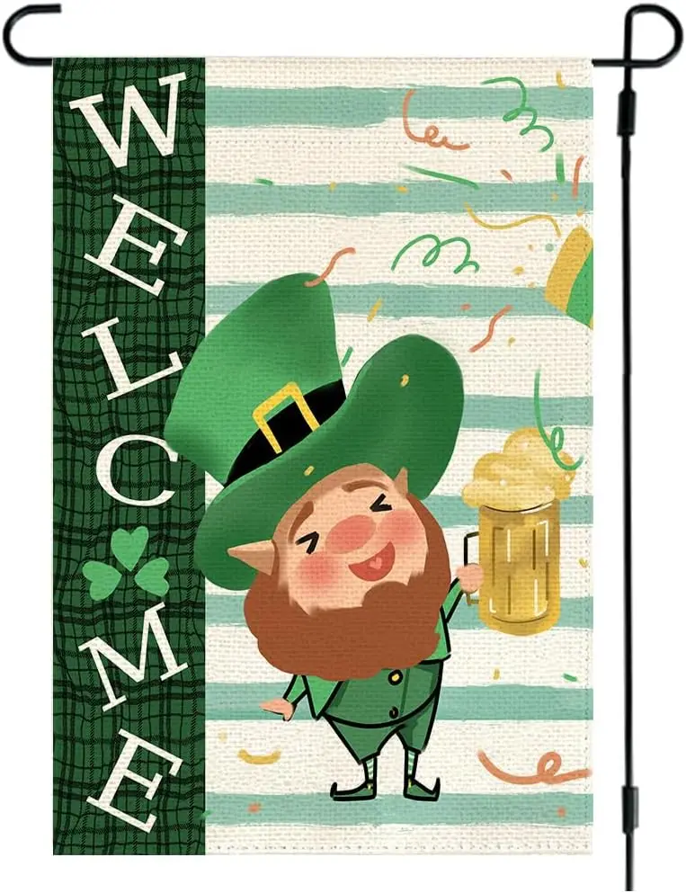 RABUSOFA St Patricks Day Welcome Garden Flag 12x18 Inch Double Sided Outdoor Saint Patrick's Decorations, Leprechauns Beer C