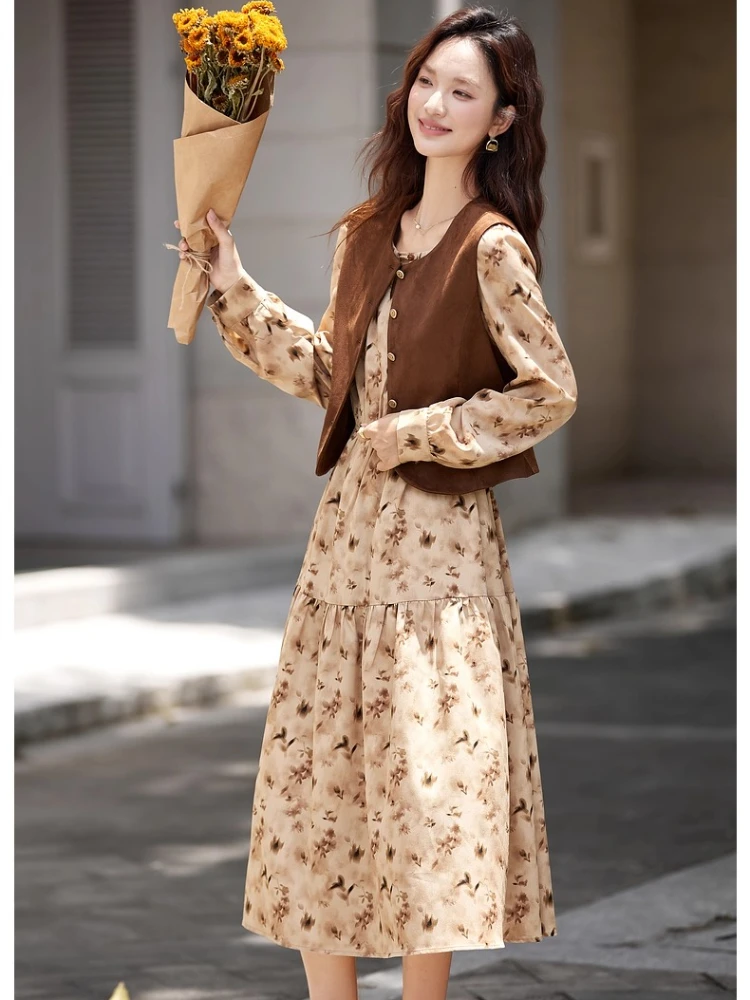 

VIMLY Vacation Outfits Woman 2025 Dress Suit French Autumn Vintage Brown Waistcoat Floral Print Long Dresses Two Piece Set A2898