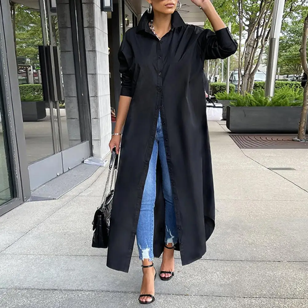 Long Coat Turn Down Collar Long Sleeve Single Breasted Hem Shirt Coat Autumn Winter Shirt Long Dress Female Clothing