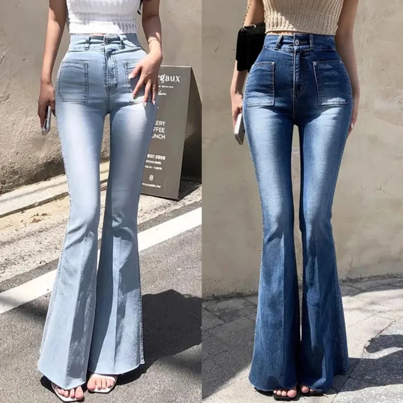 Chic Autumn Versatile Double Pocket Faded Design Slim Fit Jeans Women Skinny Micro Flared Long Pants South Korea Style Trousers