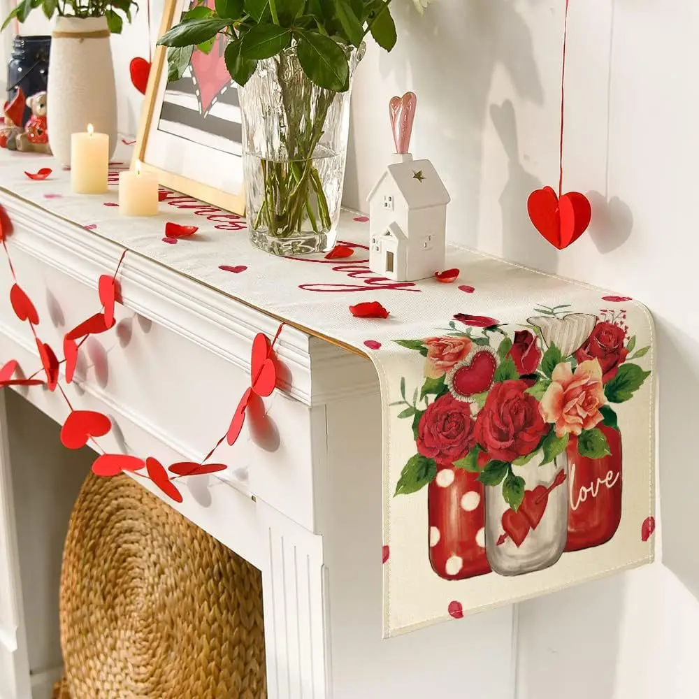 New Valentine'S Day Table Flag Linen Printed Tablecloth Home Sofa Decoration Party Holiday Ambience Tabletop Decorative 2024