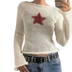 Women Star Graphic Star Print Crop Tops Y2k Aesthetic Long Sleeve Knitted Crochet T-shirts Fairy Grunge E Girls Tees Clothes