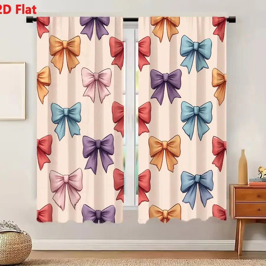 2Pcs Curtains 2D Flat Colorful Hand Drawn Bows Seamless Pattern On Soft Peach Background Pastel Dusty Rose Lavender Teal Mustard