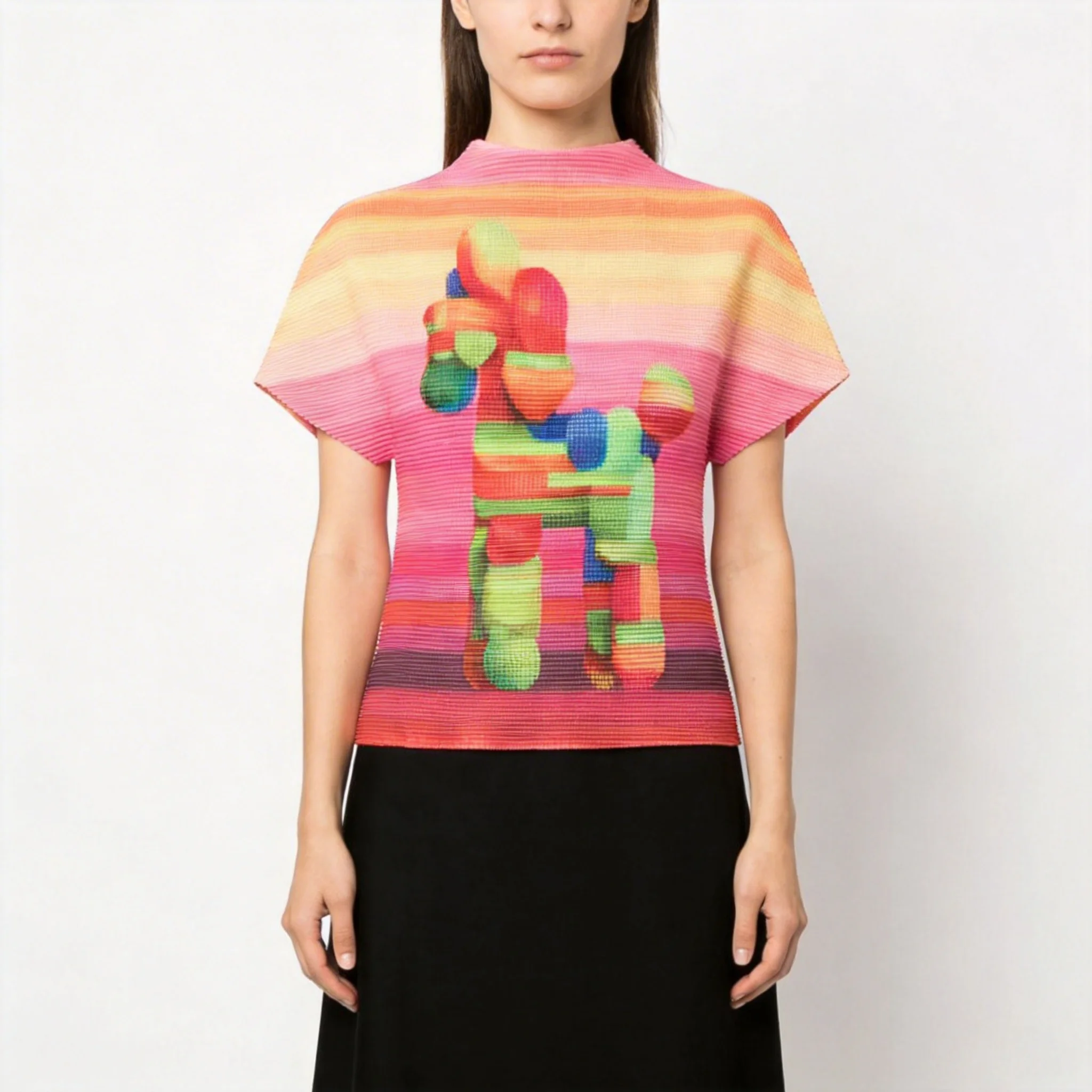 

Miyake Style High-end Corn Grain Pleated Printed T-shirt for Women High Elastic Slim Fit Versatile Stand-up Collar Top for Women