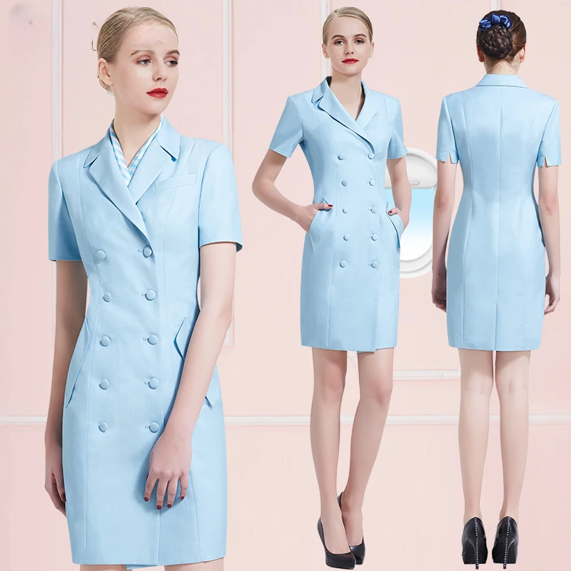 

Women's Summer Light Blue Dress Medium Length Airline Stewardess Suit Short Sleeve Beauty Salon Double Breasted Uniform Overalls