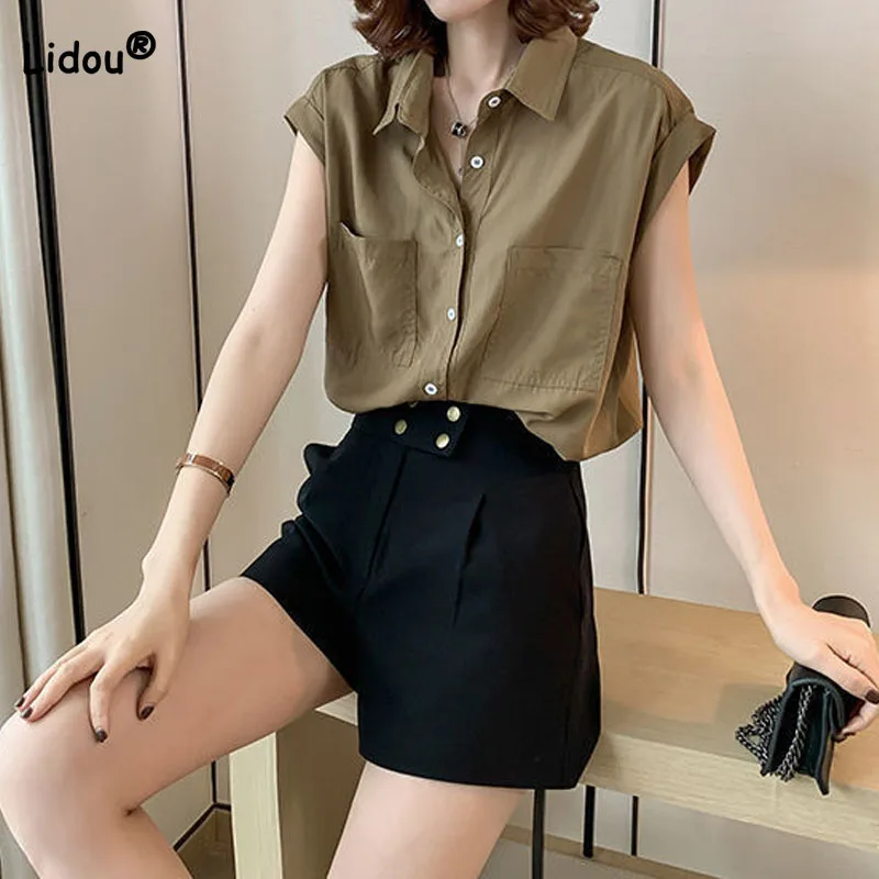 Simplicity All-match Turn-down Collar Solid Color Women\'s Shirt Summer Korean Loose Sleeveless Button Blouse Female Clothing