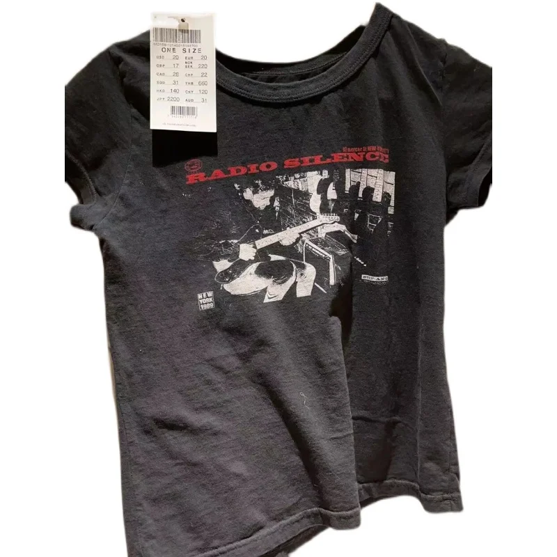 Brandy Girl American Retro Radio Silence Band Slim Fit Short Sleeve T-Shirt Women's Cotton round Neck Casual Summer Top