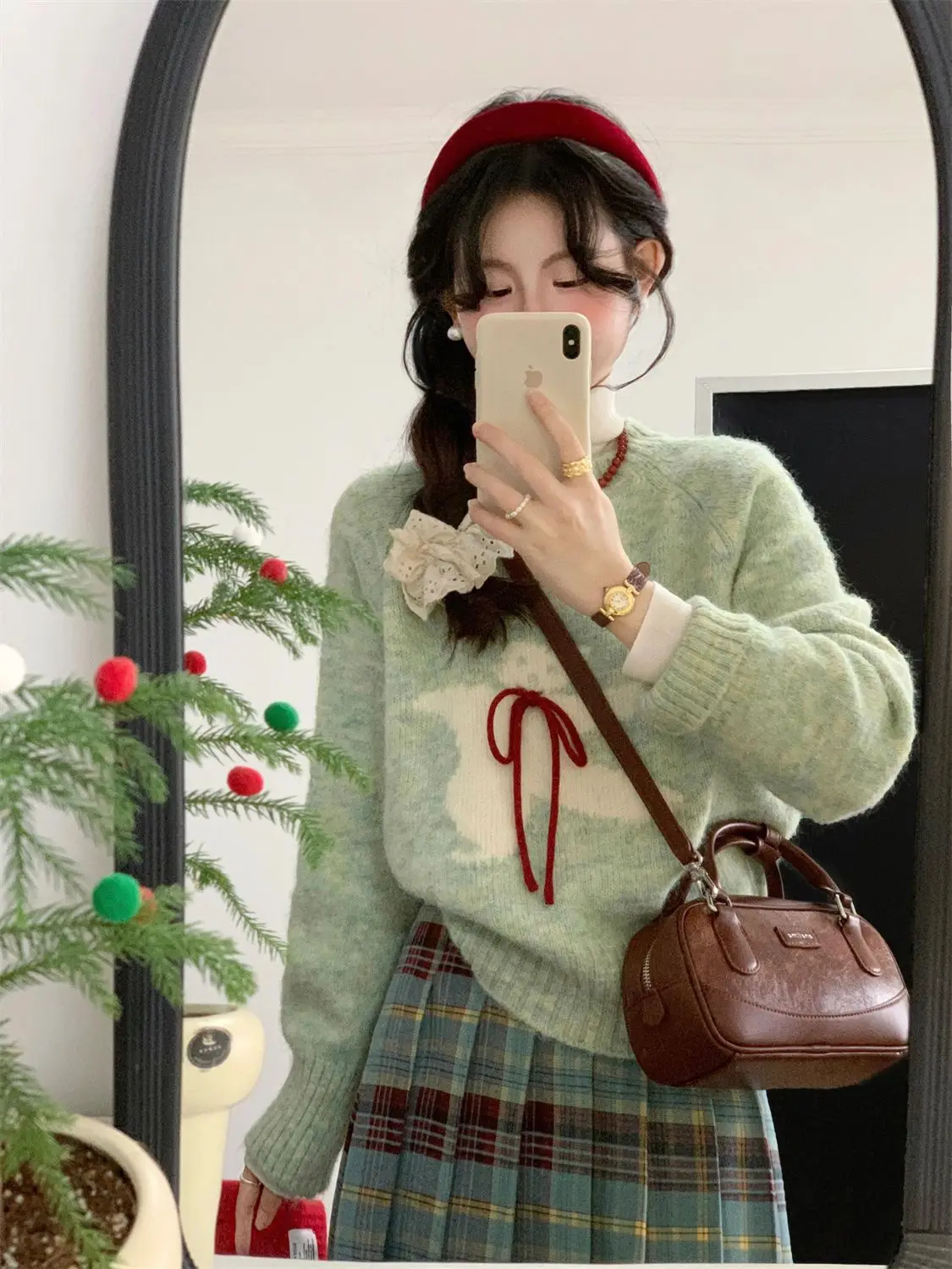 

Gagarich 2025 Autumn Winter Pullover Top Christmas Wear Bow Jacquard Hoodie Bottom Knitted Sweater Women