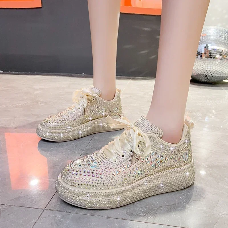 

White Silver Shoes New Platform Shoes Woman 2024 Autumn Rhinestones Thick-soled Shining Crystal Sneakers Trend Casual Sneakers