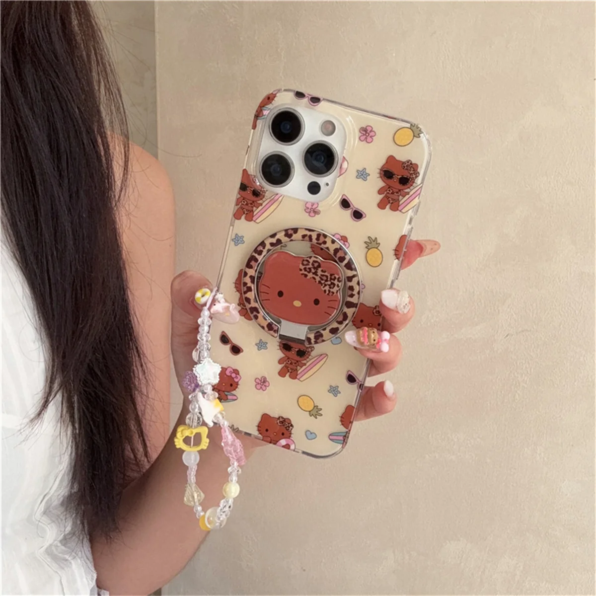 

Kawaii Cartoon Brown Hellokitty Magnetic Phone Case For iPhone 16 Pro 13 15 14 Pro Max Cover with Stand For Magsafe