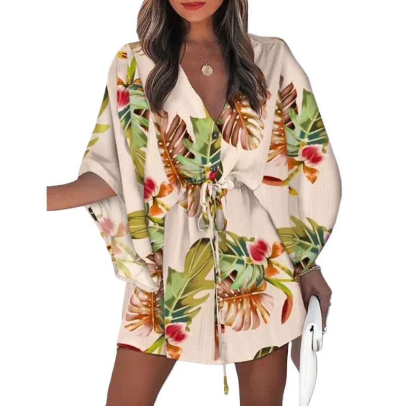

Summer New Pajamas Women's Large Size Loose European and American Foreign Trade Flying Sleeves V-neck Tie Printed Beach Dress