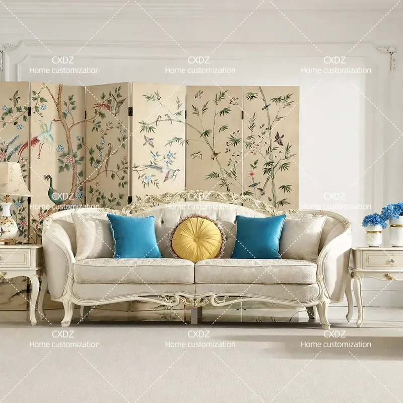 2.4M Jacquard Fabric Sofa Set Solid Wood Carved Floral Design European Style Living Room Furniture Combination P6