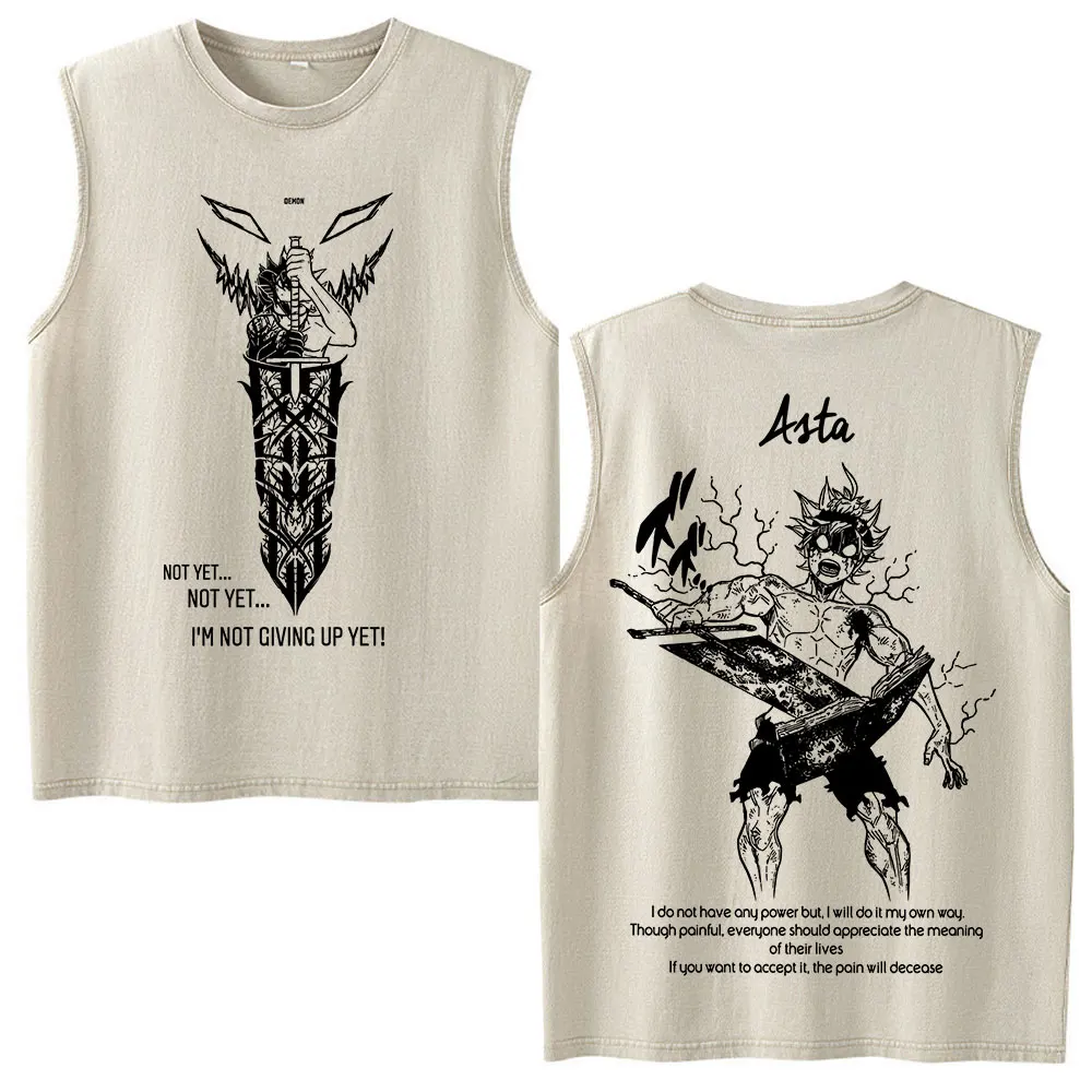 Anime Black Clover Asta Vintage Washed Tank Tops T Shirt Men Women Clothing Cotton Casual Sleeveless Vest T-shirts Streetwear
