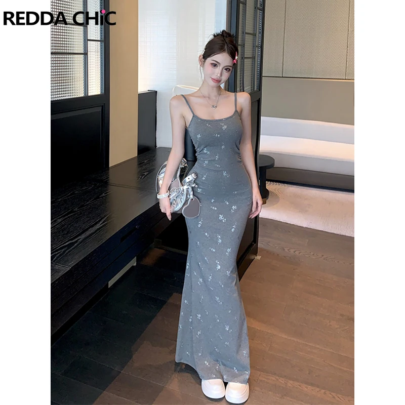 ReddaChic Retro Gray Mermaid Long Bodycon Dress Women Metallic Silver Rose Sleeveless Camisole One-piece Holiday Casual Clothes