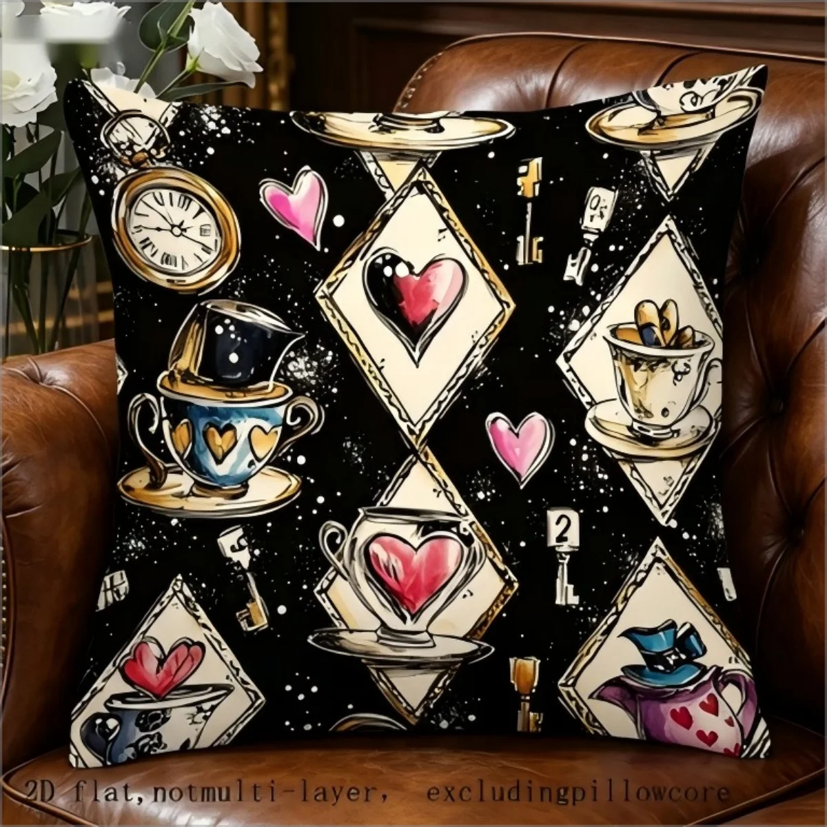 Doppelseitig bedruckter Alice im Wunderland-Kissenbezug mit Herzen und Teetassen-Print, Fantasy-Heimdekoration für Sofa, Couch, Schlafzimmer